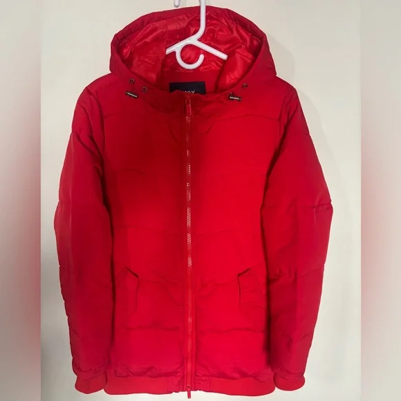 NWOT ONLY Red warm zip-up puffer jacket with a hood M - Picture 1 of 10